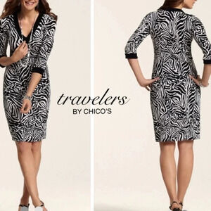 Travelers By Chico’s Zebra Brody Dress 3/4 Cuffed Sleeve V-Neck Slinky Size L